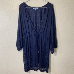 Ellen Weaver Beige Eyelet Beach Cover Up Dress In Navy Plus Size 3X